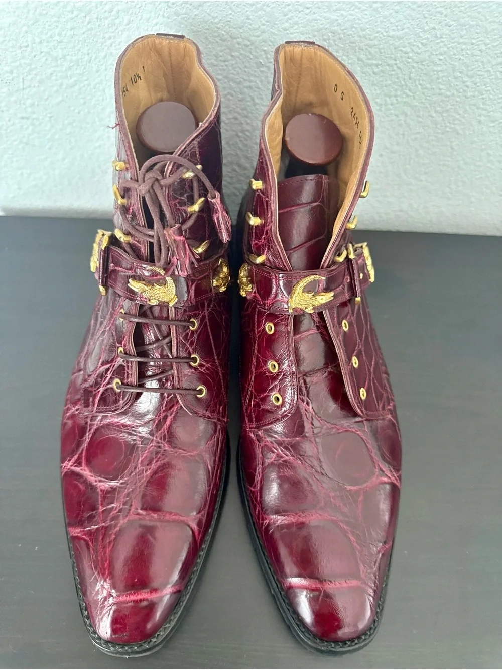 Mauri Luxury Combat Dress Ankle Boots Exotic Leather Genuine Alligator Burgundy